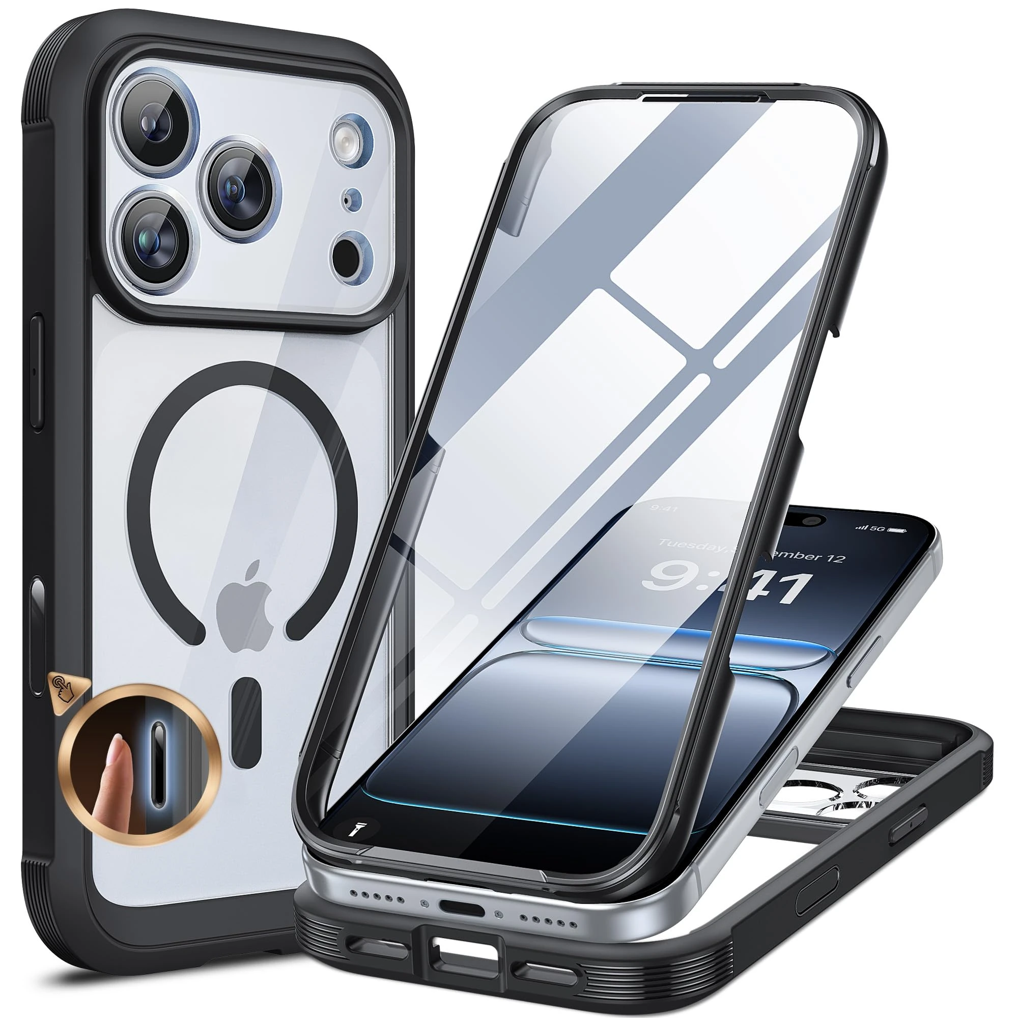 Miracase Magnetic Case for iPhone 17 Pro Max Case 6.9", [Camera Control Capture Button] Built-in Glass Screen Protector, Compatible with MagSafe, Full Body Bumper Clear Back Cover (Black)