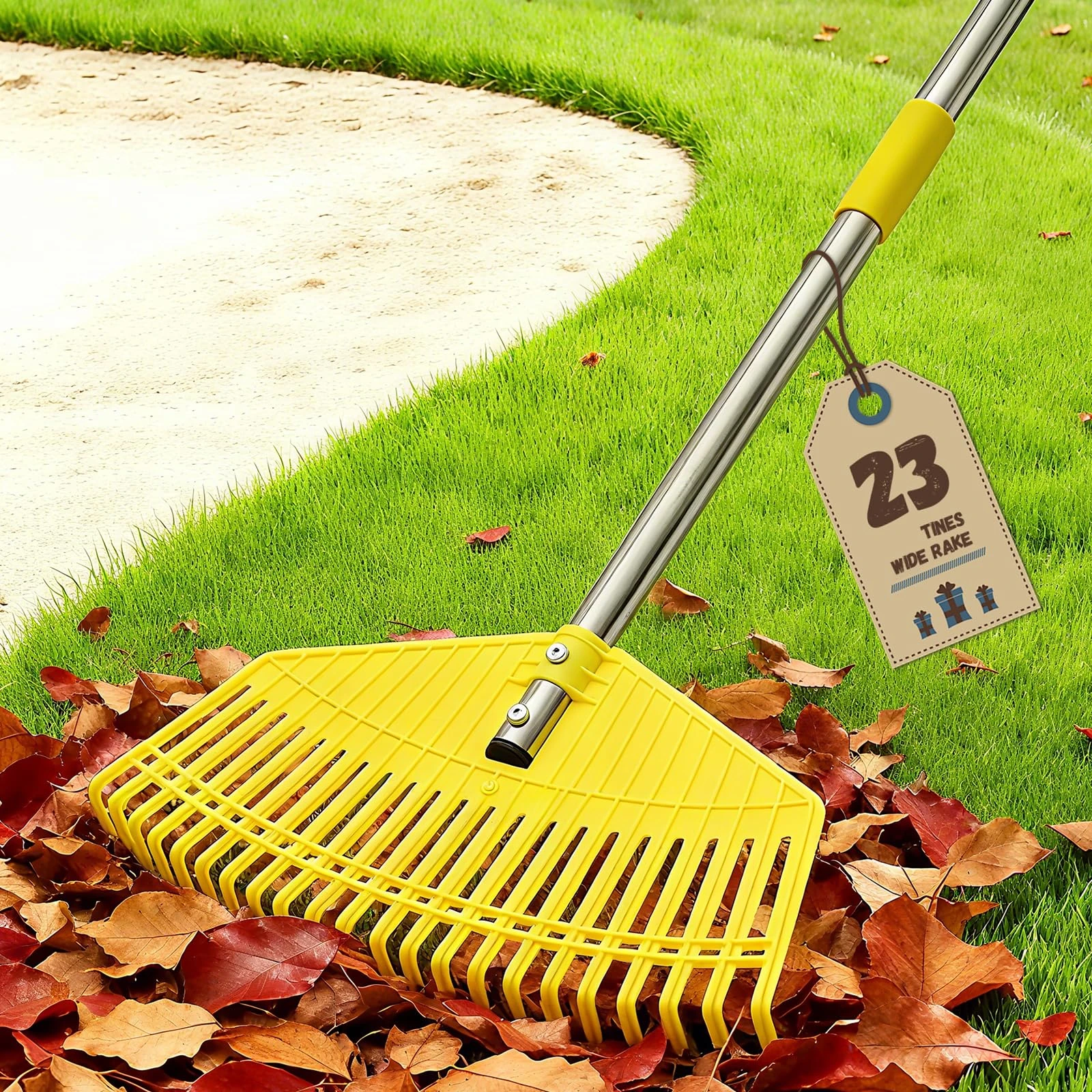 Garden Rake, Extra Wide 42 cm Leaf Rake, Lightweight Long Handle for Women Seniors Kids Effortless Clean-Up, 23 Flexible Tines for Lawn-Friendly, 165 cm Adjustable Plastic Rakes for Garden, Yellow