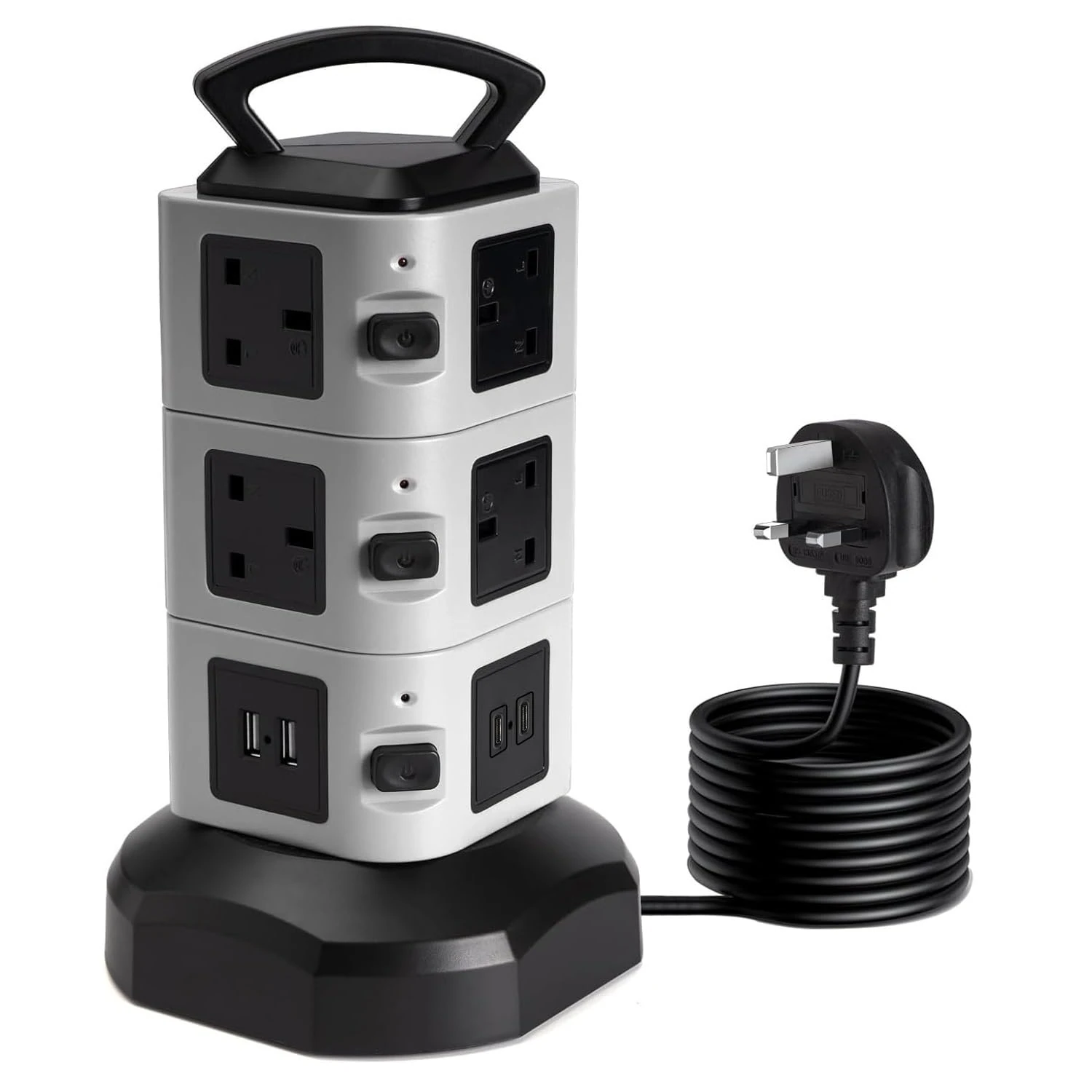 Tower Extension lead 2M, 10 Way (13A 3000W) Surge Protected Extension Sockets with 2 USB C and 2 USB A, Multi Plug Socket with 3 Independent Switches,Power Strip for Home, Office, Kitchen