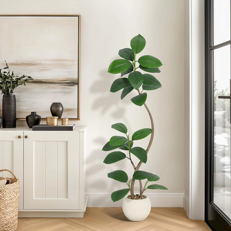Garvee 150cm Artificial Plant Rubber Tree with Cream Ball Flower Pot and Stone Fiddle Fig Tree Artificial Indoor Tall Plant Fake Tropical Tree Large Plant Tropical Tree Plant - Image 1