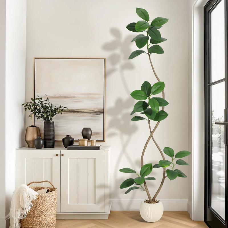 Garvee 210cm Artificial Plant Rubber Tree with Cream Ball Flower Pot and Stone Fiddle Fig Tree Artificial Indoor Tall Plant Fake Tree Tropical Large Plant Tree Tropical Plant - Image 1