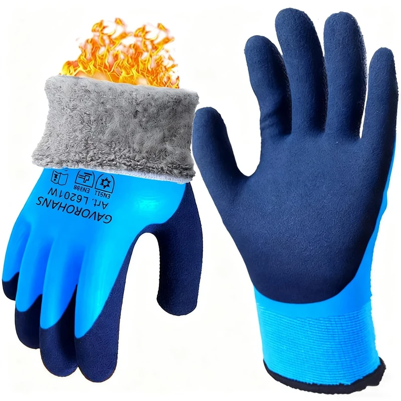 GAVOROHANS 1 Pair Waterproof Thermal Winter Work Gloves Polar Fleece Liner Superior Grip Double Latex Coating for Garden Logistics Warehousing Cold Weather Outdoor Activities (Blue, XL/10')