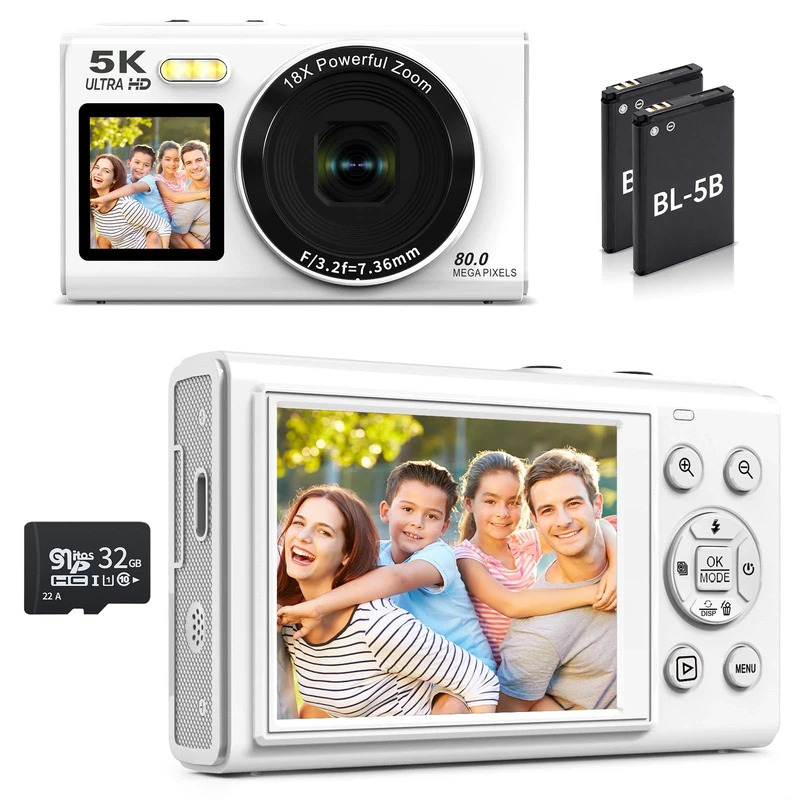 5K Digital Camera, WiFi Dual camera 80MP Cameras for Photography 18X Digital Zoom, 2.8 Inch and 1.5 Inch UHD Screen, LED Fill Light, Compact Compact Vlog Travel Camara for Content Creators(White)