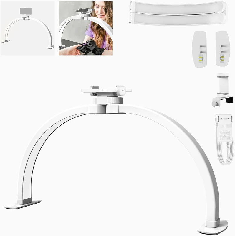 NEEWER Basics HM04-D 23 Inch Tishc Half Moon Nail Lamp, 308 LEDs, 28 W, Two-Tone, CRI 85+, Foldable Nail Technology Table Lamp with Overhead Mobile Phone Holder for Manicure, Craft Lighting, Beauty - Image 1