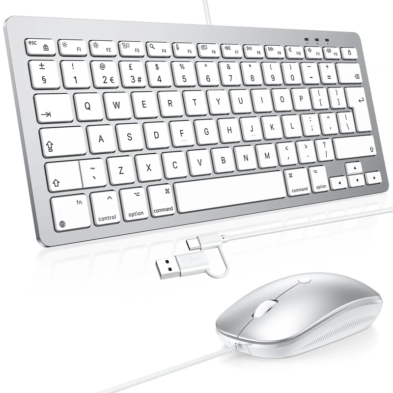 OMOTON Wired Keyboard and Mouse Combo for Mac, USB/Type-C Dual Interface Wired Keyboard Mouse for Apple Mac Pro/Mini, iMac, MacBook Pro/Air, QWERTY UK Layout, Silver