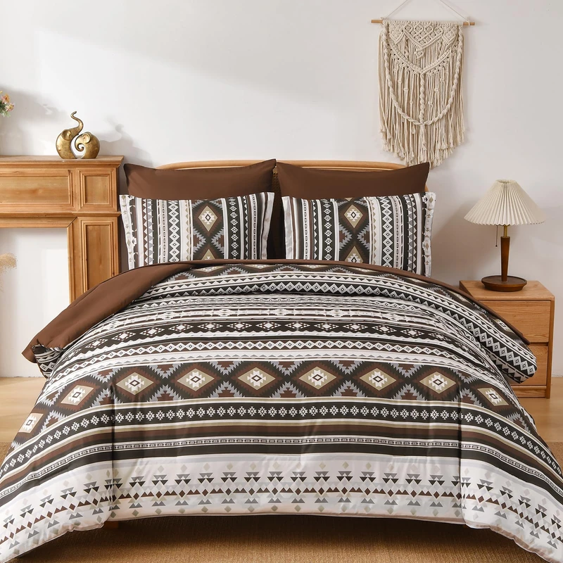 Dinjoy Drak Brown Boho Comforter Set Queen Size,7 Pieces Bed in a Bag Queen Coffee Aztec Bedding with Sheets Bohemian Geometric Striped Complete Set for Fall Winter 90"×90"