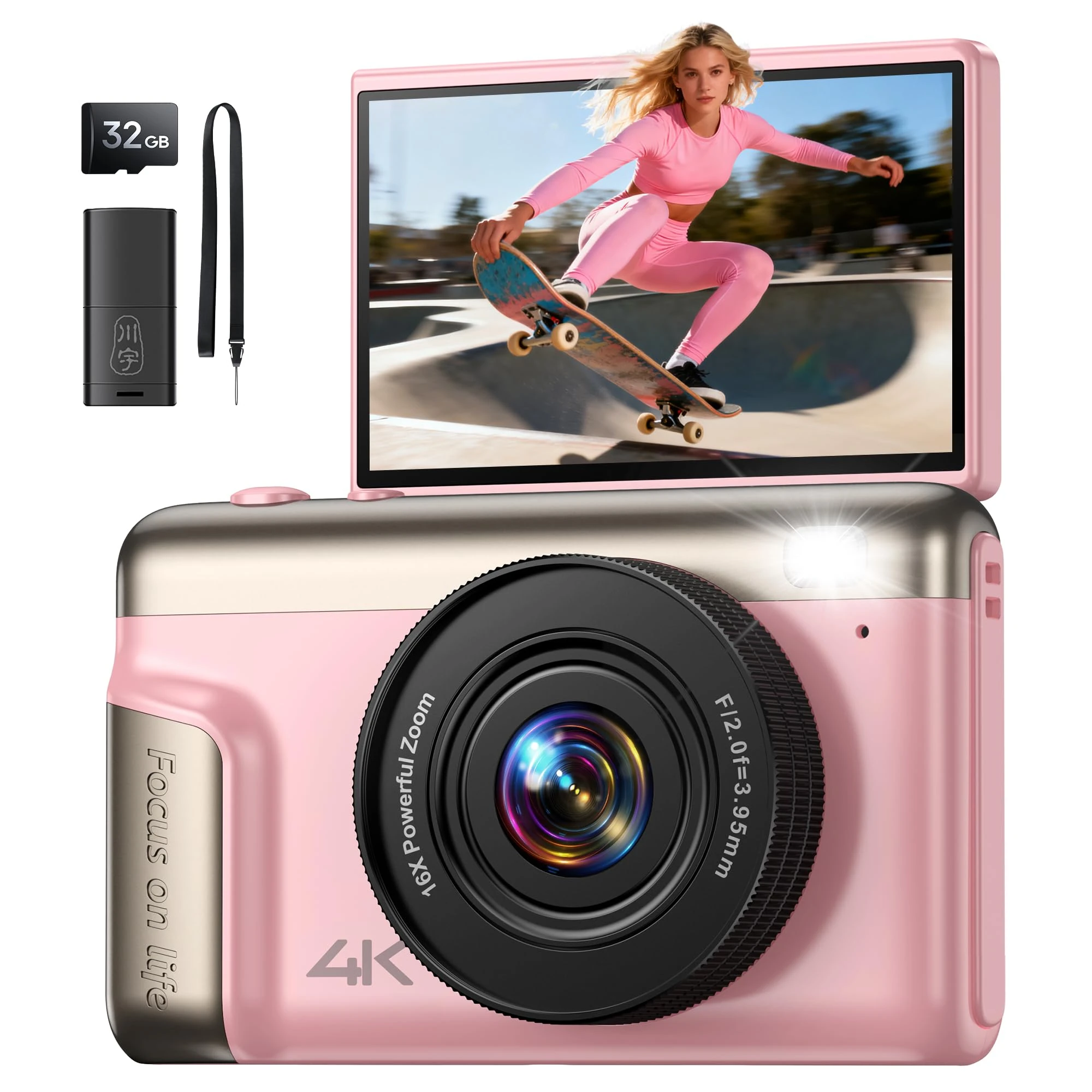 4K Digital Camera Kids for Vlogging: 64MP Compact Cameras with Flip Screen & Anti-Shake - Gift for Beginners/Teens/Adults - Mini Video Photography Cam Travel for Boys Girls Pink