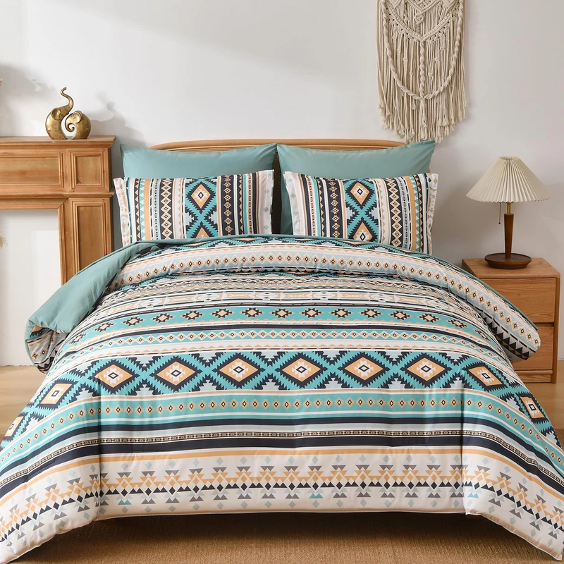 Dinjoy Turquoise Boho Comforter Set Queen Size,7 Pieces Bed in a Bag Queen Aztec Bedding with Sheets Bohemian Geometric Striped Complete Set for Fall Winter 90"x90"
