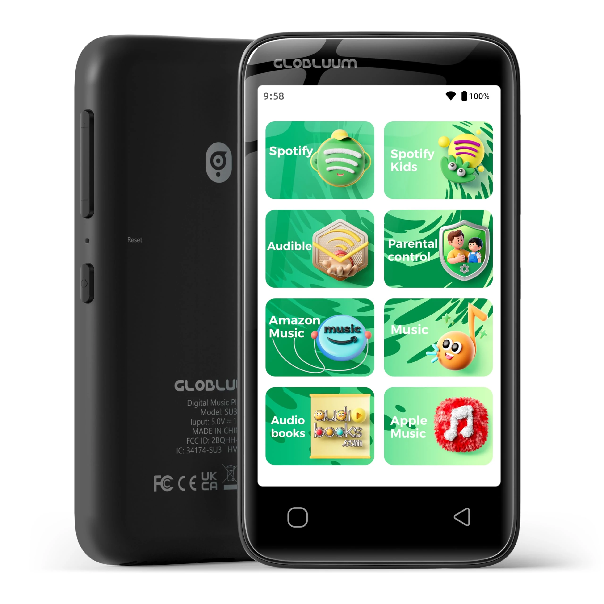 Globluum 80GB MP3 Player for Kids, Parental Controls, Supports Spotify Kids, Audible, LibriVox, Amazon Music and Kindle:Safe Android MP4 Player Gift with 4" Touchscreen, WiFi and Bluetooth(Black)