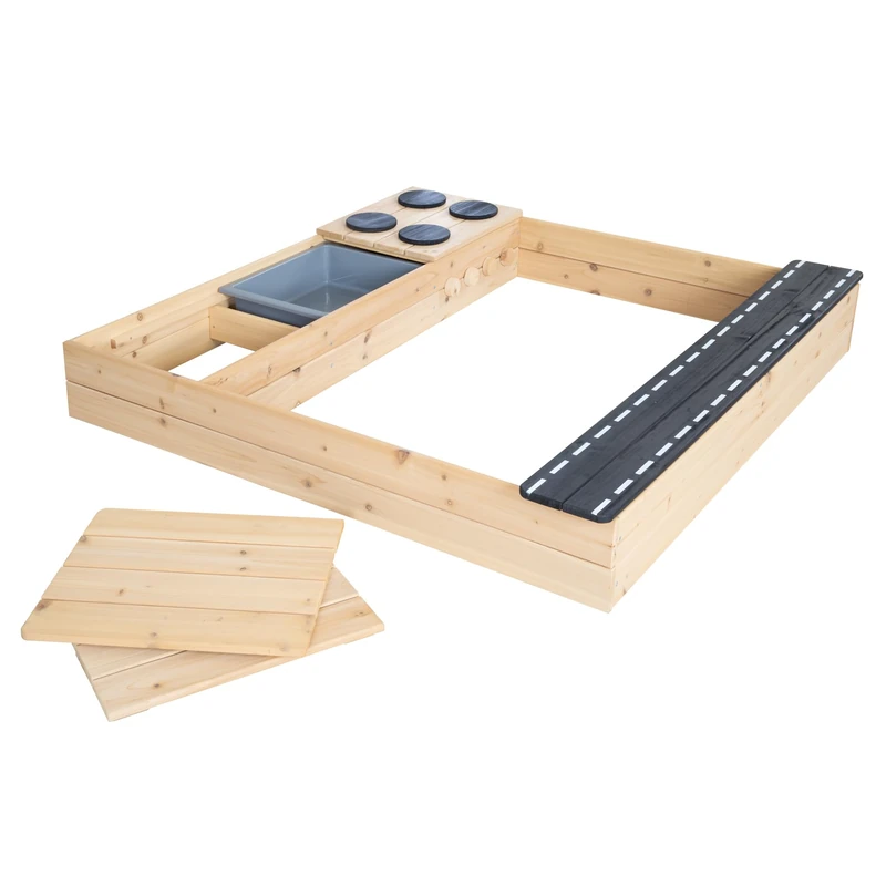 roba Street & Play Wooden Sandbox – Design with Street, Cooking Plate, Play Tub – Large Sandpit with Weatherproof Wooden Covers – Natural/Black - Image 1