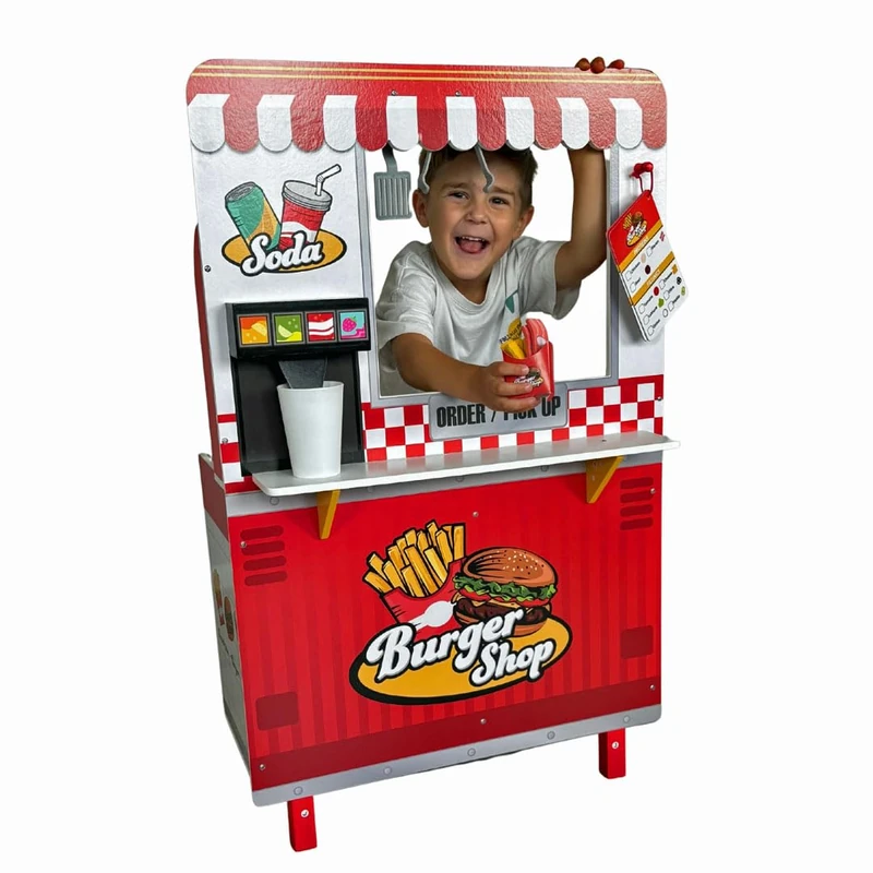 Bayer Chic 2000 Wooden Burger Shop - Burger Shop with Grill, Fryer, Drink Station & More - Promotes Creativity & Imagination - From 3 Years, Colourful - Image 1