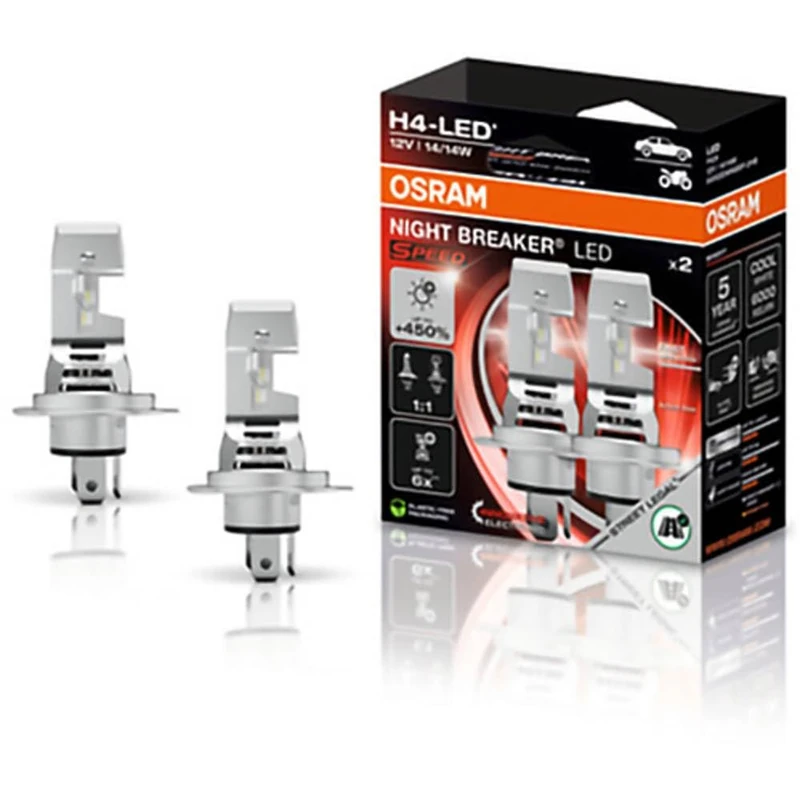 OSRAM Night Breaker LED Speed H4 450, LED High and Low Beam with Road Legal, up to 450% More Brightness, 6000K, Quick Installation, No Mechanical Accessories Required, LEDEC02 Integrated