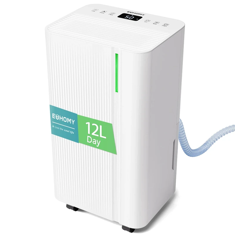 EUHOMY 12L/Day Dehumidifiers for Home, Electric Dehumidifier for Drying Clothes, Low Energy & Ultra-quiet, Dehumidifiers with Auto-Defrost & 24-Timer, Continuous Drain