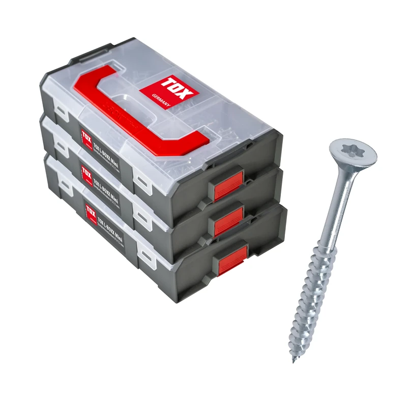 TOX L-BOXX 094909172 Mini Chipboard Screw Sets with 3 and 3.5/4/4/4.5 and 5 mm, TX Drive and Full Thread, 3 Clickable Sorting Boxes with a Total of 18 Sizes and 1460 Wood Screws