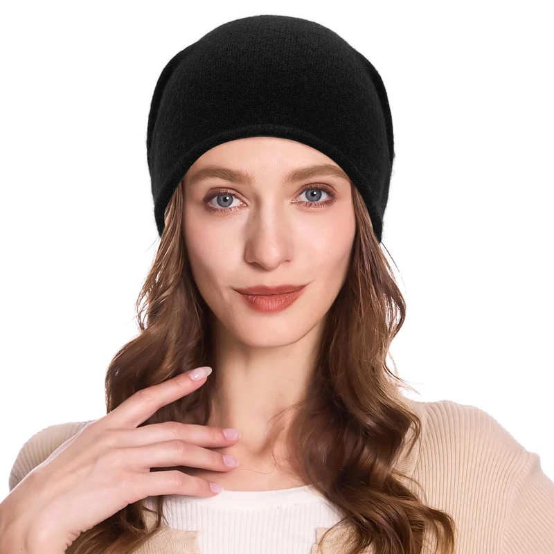 ZLYC Women Cashmere Blend Slouchy Beanie Hat Seamless Knit Winter Skull Cap(Solid Black),One Size