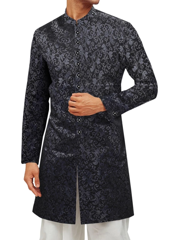 Runcati Mens Kurta Sherwani Coats Kaftan Indian Ethnic Royal Suits Mandarin Collar Wedding Festive Party Blazer, B-black, XL - Image 1