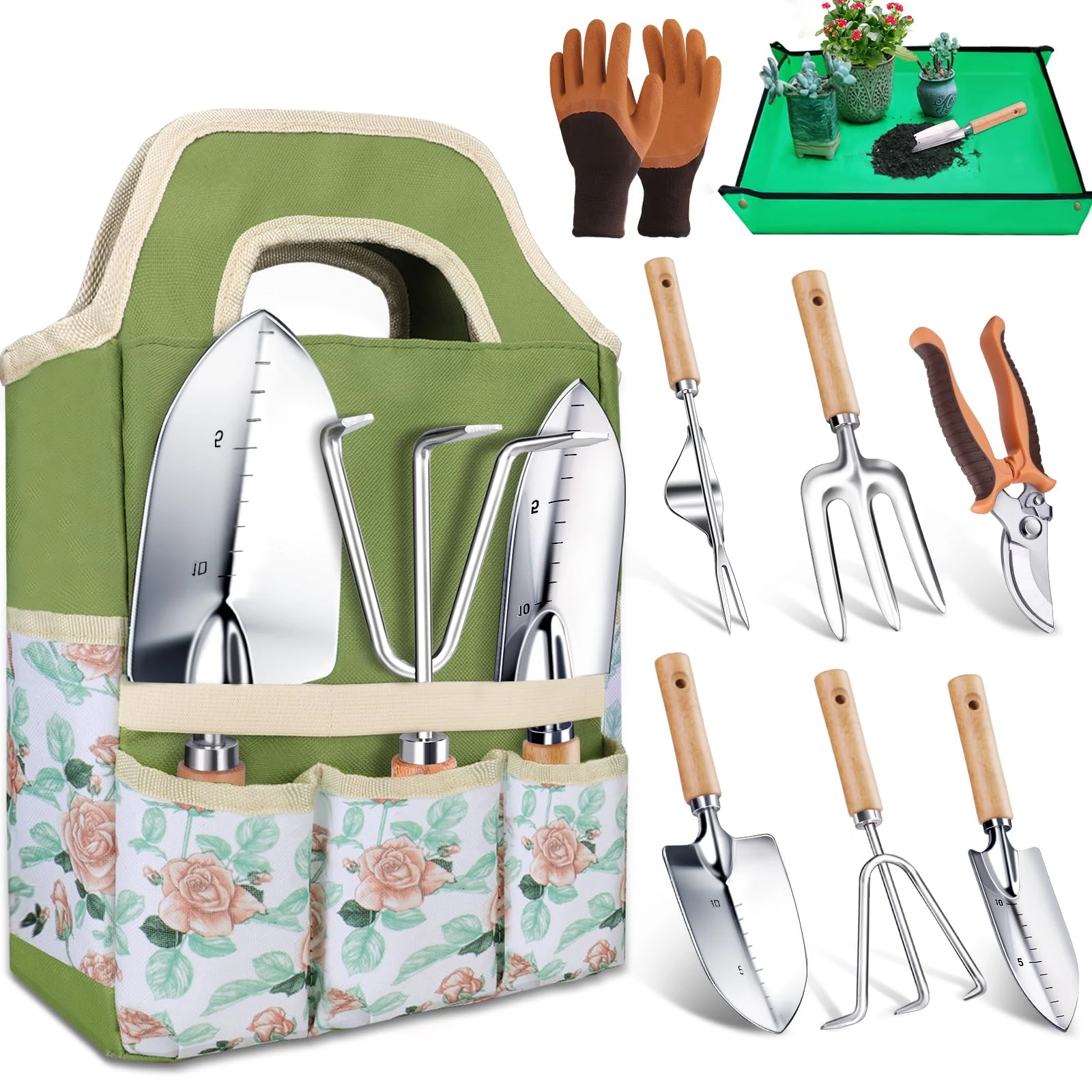 Kynup Heavy Duty Garden Hand Tools, 9-Piece Gardening Tools Set, Stainless Steel Gardening Kit, Rust-Proof Gift Set with Durable Storage Tote Bag, Ergonomic Anti-slip Handle