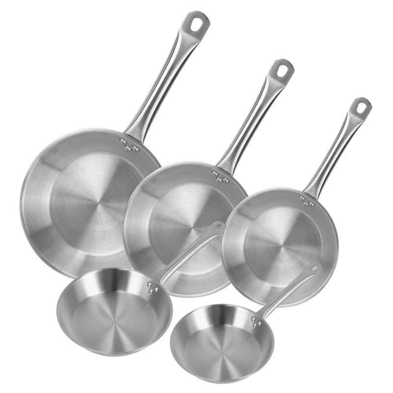 Well Home Set of 5 Frying Pans Ø20Ø24Ø28Ø30Ø32cm in Stainless Steel, Suitable for Induction and NO Non-Stick