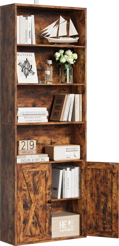 IRONCK Bookcase 6-Tier, Bookshelf with Doors, 180cm Tall Living Room Bookcases, Display Shelf Storage, Freestanding Book Shelf Unit for Home Office, Dinning Room, 60x23.5x180cm (Retro Brown)