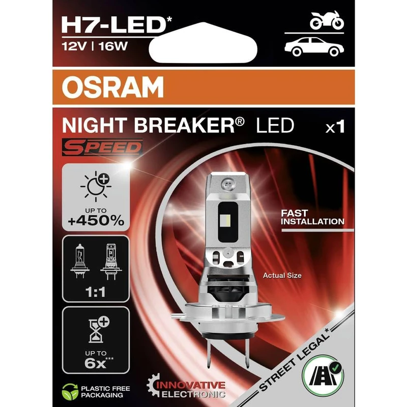 Osram Night Breaker LED Speed H7 450 for Motorcycles, LED Retrofit Lamp for Motorcycles with Road Approval, up to 450% More Brightness, 6000K, LEDEC02 Integrated, 1 Bulb