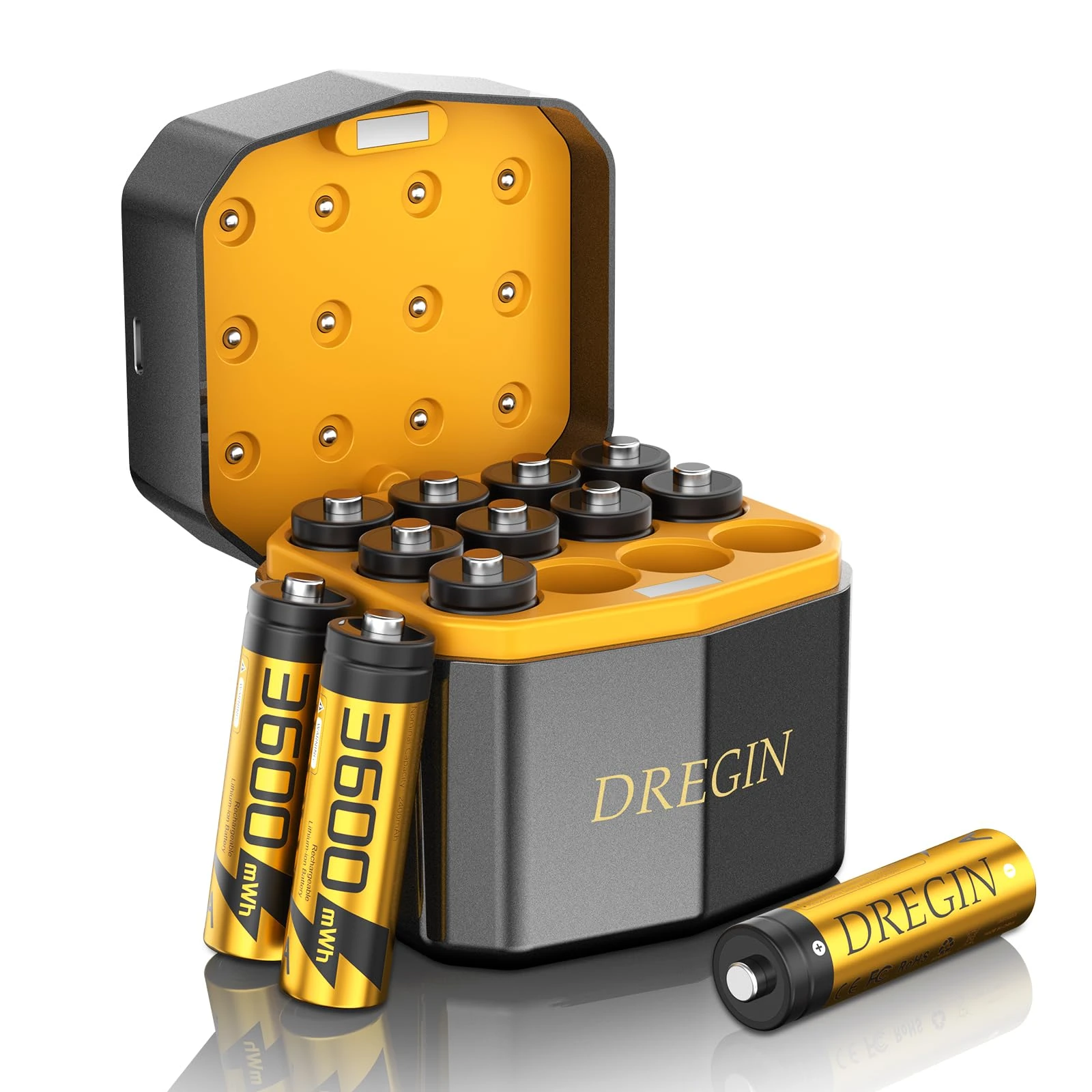 Dregin Lithium AA Rechargeable Batteries 12 Pack with Charger, 1.5V 3600mWh High Capacity AA Batteries, 2000 Cycles Long Lasting Li-ion Batteries with Charing Storage Box(Gold)