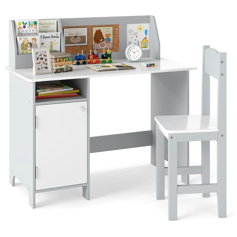 GYMAX Kids Desk and Chair Set, Wooden Children Table with Chair, Storage Space, Marker, Whiteboard & Bulletin Board, Toddler Study Desk Set for 3 Years Old + Boys Girls (White+Grey) - Image 1