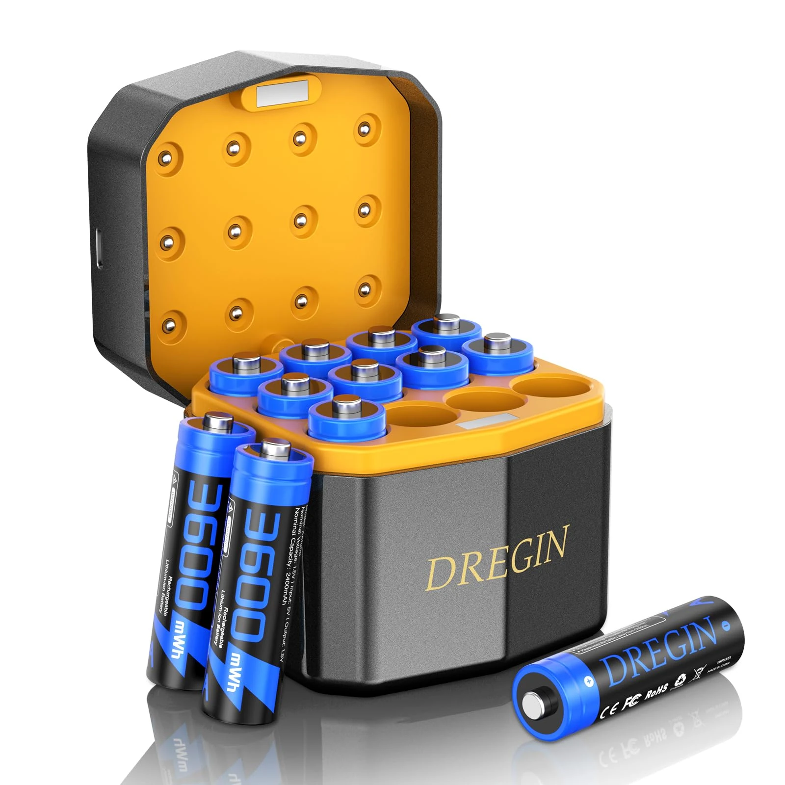 Dregin Lithium AA Rechargeable Batteries 12 Pack with Charger, 1.5V 3600mWh High Capacity AA Batteries, 2000 Cycles Long Lasting Li-ion Batteries with Charing Storage Box(Blue)