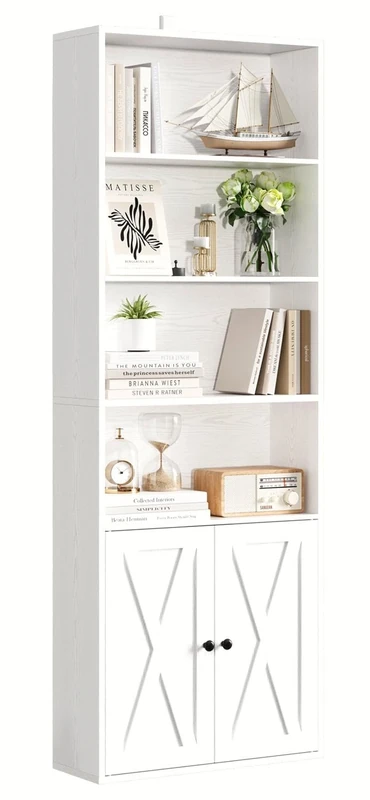 IRONCK Bookcase 6-Tier, Bookshelf with Doors, 180cm Tall Living Room Bookcases, Display Shelf Storage, Freestanding Book Shelf Unit for Home Office, Dinning Room, 60x23.5x180cm (White)
