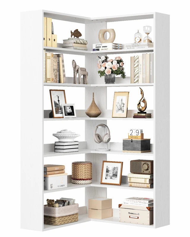 IRONCK Corner Shelf 6 Tiers, 180cm Tall Corner Bookshelf, L-Shaped Bookcases free standing with Baffles, wooden book shelf, Storage Display Rack, Shelving Units for Living Room Bedroom Office (White)