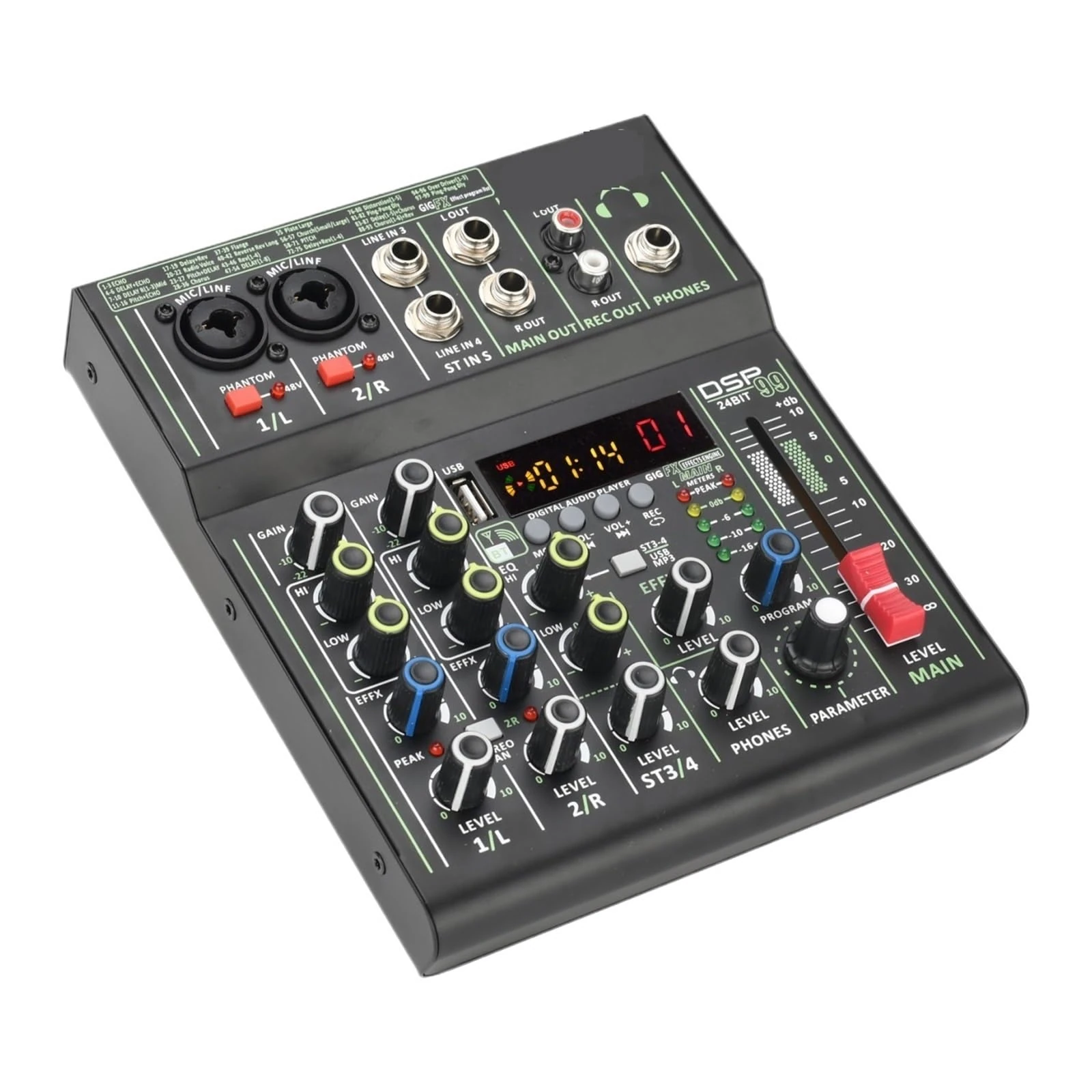 Bluetooth Audio Mixer 4 Channels Mixing Console 99 Effects USB 48V Sount Table Desk For Party Karaoke