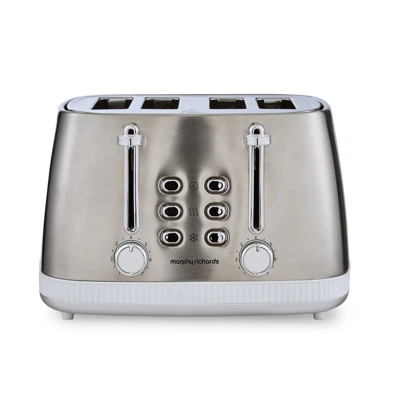Morphy Richards Mexborough 4 Slice Toaster, Stainless Steel, Independent Operation, Browning Controls, Removable Crumb Tray, Anti-Jam, Defrost, Cancel, Reheat, 1860W, White Trim, 242903
