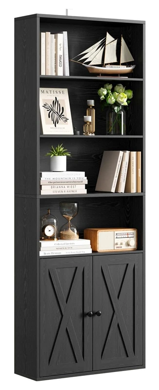 IRONCK Bookcase 6-Tier, Bookshelf with Doors, 180cm Tall Living Room Bookcases, Display Shelf Storage, Freestanding Book Shelf Unit for Home Office, Dinning Room, 60x23.5x180cm (Black)