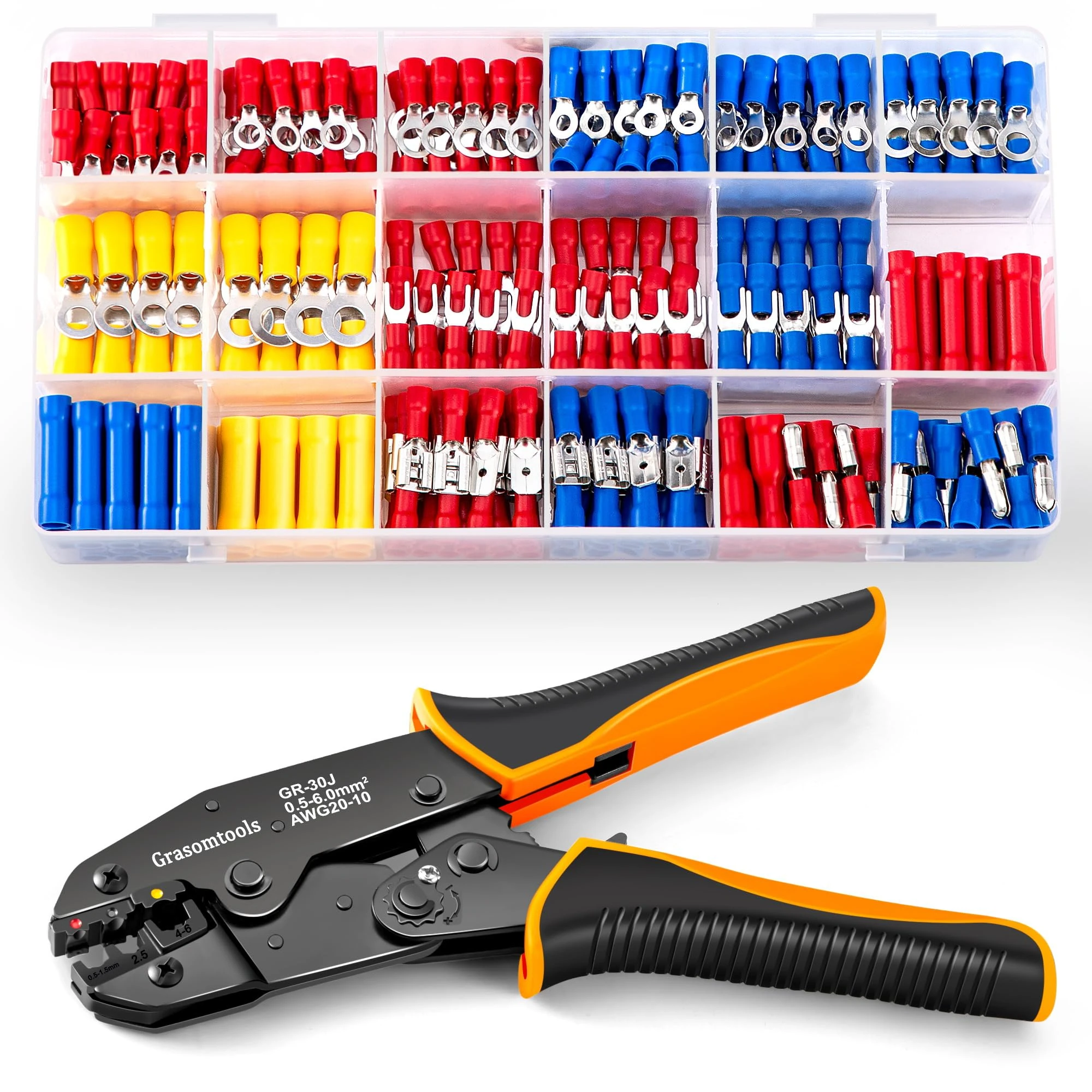 Insulated Wire Terminal Crimping Tool Kit, 0.5-6mm² Ratchet Crimping Plier, Insulated Crimping Tools with 370 pcs Insulated Crimp Connectors