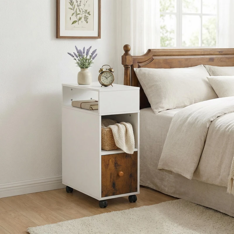 FurnitureR Mobile Bedside Table Nightstand with Storage Drawer, White and Rustic Brown, 2 Shelves, Narrow Slim Design, 50 x 25 x 68 cm - Image 1