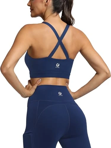 Strappy Sports Bras for Women, Criss Cross Back Racerback High Impact Padded Yoga Bras Workout Clothes for Women, Darkblue, X-Large