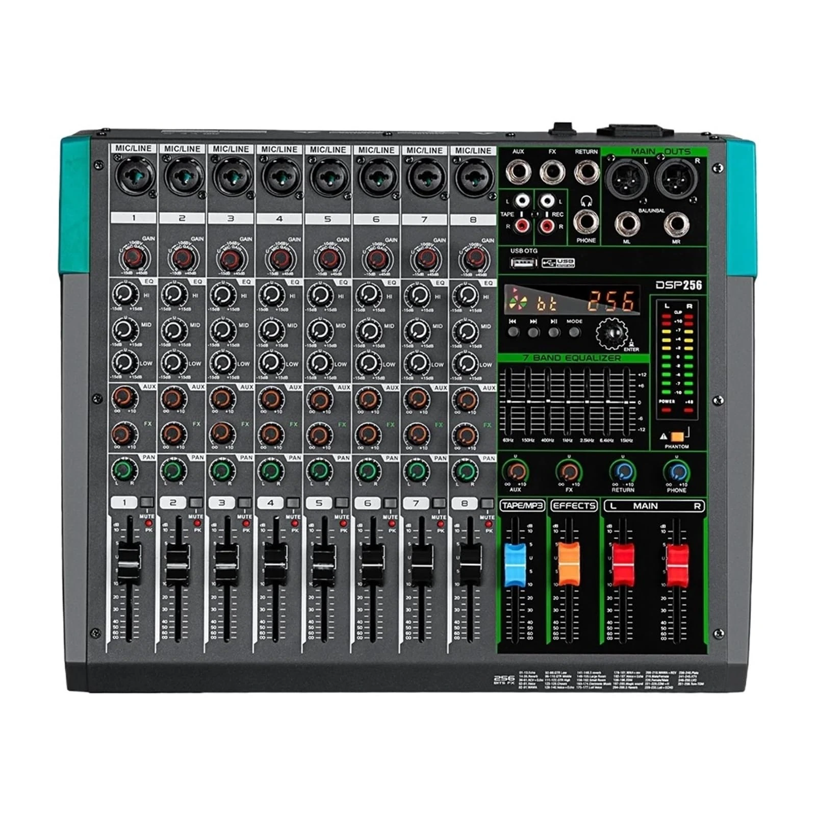 Professional Audio Mixer 8 Channel Sound Board Console DJ Mixing Desk System Interface Built-in 256 Reverb Effect