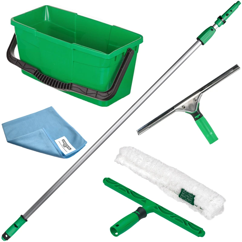 Unger Window Cleaning Kit for Contractors – Professional Glass Cleaning Set with 35cm Squeegee, 35cm Power Washer, 12L Bucket & 1.25m Pole for Windows, Glass & UPVC, AK285