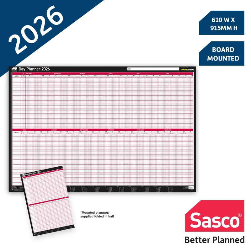 Sasco 2026 Day Wall Planner – Board Mounted Year Calendar with Wet Wipe Pen & Stickers, 91.5x61cm, Black & Red – Daily Tracking – 2026 Calendar Designed for Office Scheduling and Task Management