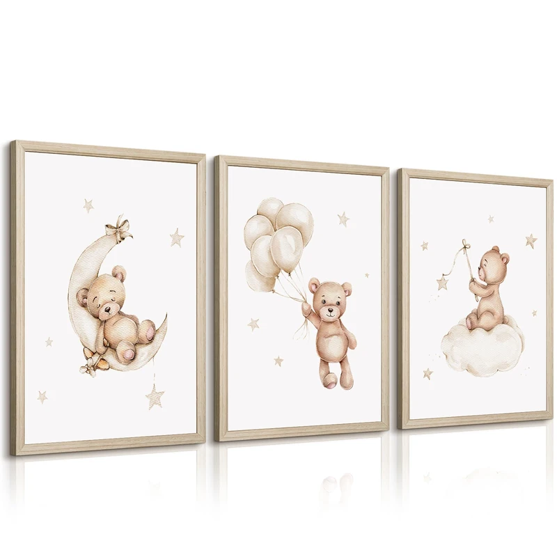 Bear Nursery Wall Art Decor Set of 3 Teddy Bear Canvas Wall Art Baby Boy Nursery Decor Prints Neutral Pictures Moon Star Cloud Print for Girls Children Room 16x24 Inch Wood Framed
