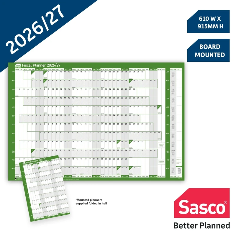 Sasco 2026/27 Fiscal Wall Planner – Board Mounted Year Calendar with Wet Wipe Pen & Stickers, 91.5x61cm, Green – April to March – 2026 Planner for Financial Year Planning in Offices