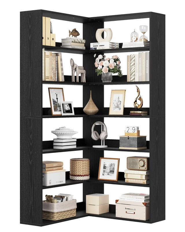 IRONCK Corner Shelf 6 Tiers, 180cm Tall Corner Bookshelf, L-Shaped Bookcases Free Standing with Baffles, Wooden Book Shelf, Storage Display Rack, Shelving Units for Living Room Bedroom Office (Black)