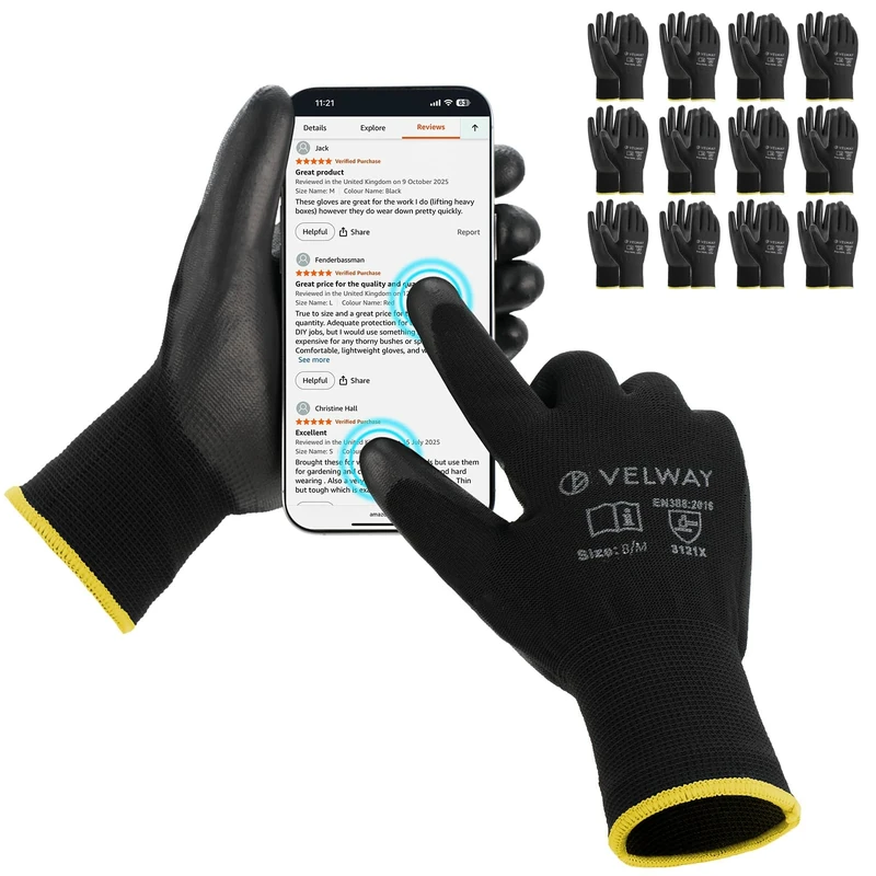 Velway Work Gloves Touchscreen with Grip - 12 Pairs PU Coated Mechanics Gloves for Men Women - Lightweight Breathable Seamless Knit for Gardening Warehouse General Duty Work - Black Size 8/M