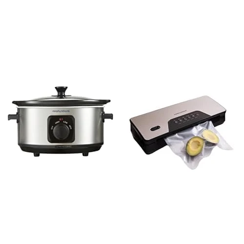 Morphy Richards Slow Cooker 3.5L + Cordless Vacuum Sealer | Ceramic Pot, 3 Settings, Easy Clean | Compact Sealer with 5 Modes, USB Charging, Built-in Cutter | Silver & Brushed Steel | 460017 & 432040