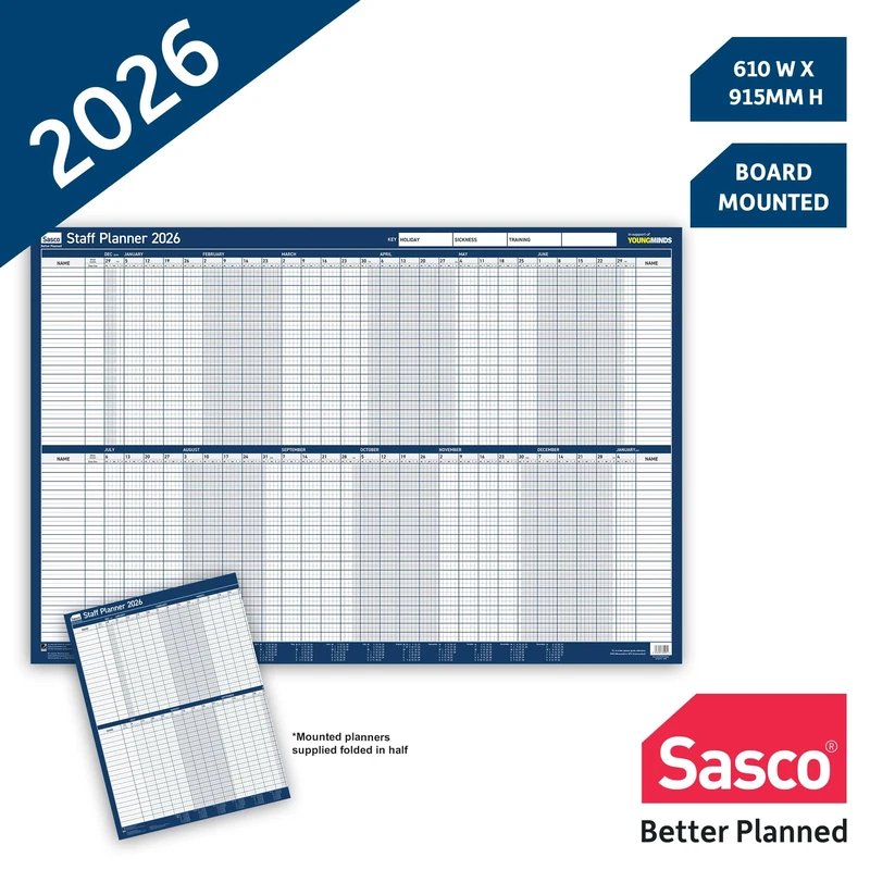 Sasco 2026 Staff Year Wall Planner – Board Mounted Calendar with Wet Wipe Pen & Stickers, 91.5x61cm, Blue – Track Staff Availability – Useful for HR and Team Management