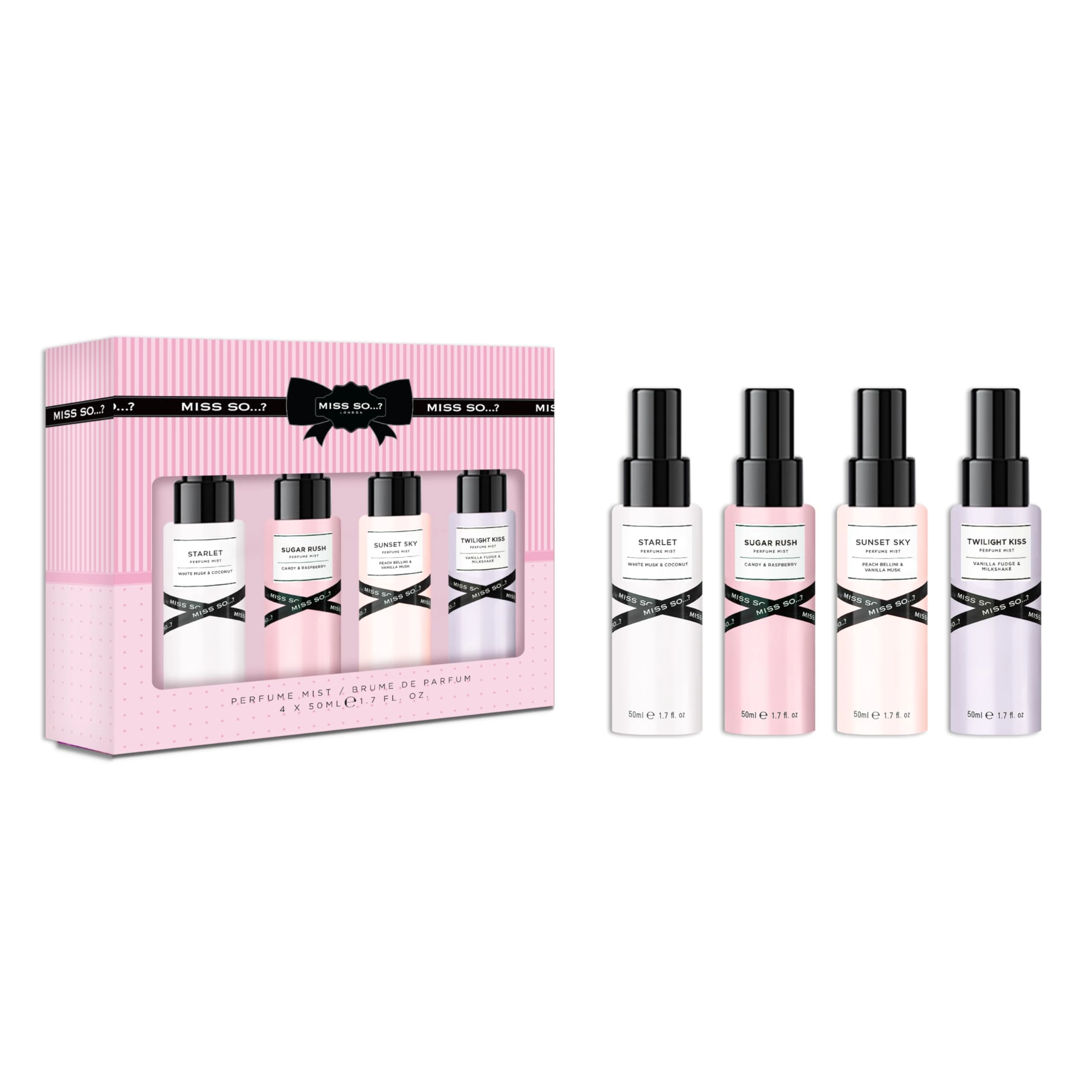 Miss So...? Womens Perfume Mist Gift Set (4 x 50ml) – Starlet, Sugar Rush, Twilight Kiss, Sunset Sky – Long-Lasting So Body Mist for Women – Vegan & Cruelty-Free – Lasts up to 6 Hours