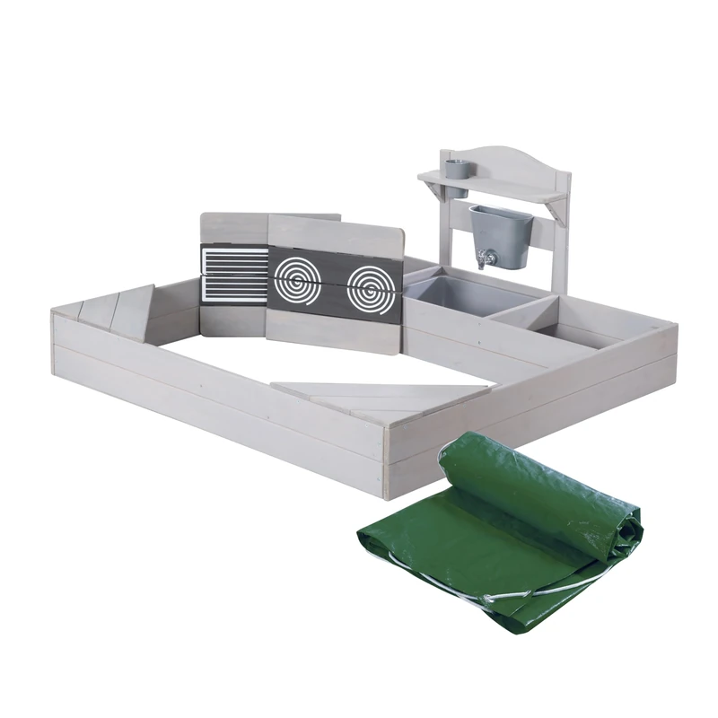 roba Wooden Sandpit with Mud Kitchen & Cover - Sandbox with Play Tub & Printed Stovetops - Weatherproof Gray Stained Wood - from 12 Month Upwards