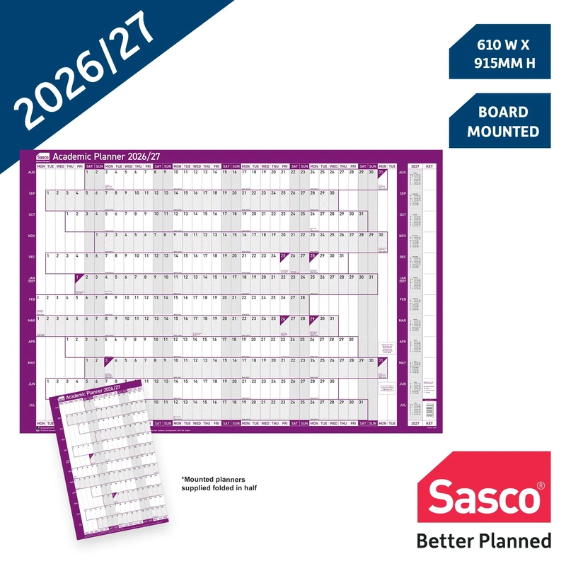 Sasco 2026/27 Academic Year Wall Planner – Board Mounted Calendar with Wet Wipe Pen & Stickers, 91.5x61cm, Purple – UK & ROI Holidays Marked – Suitable for Schools and Universities