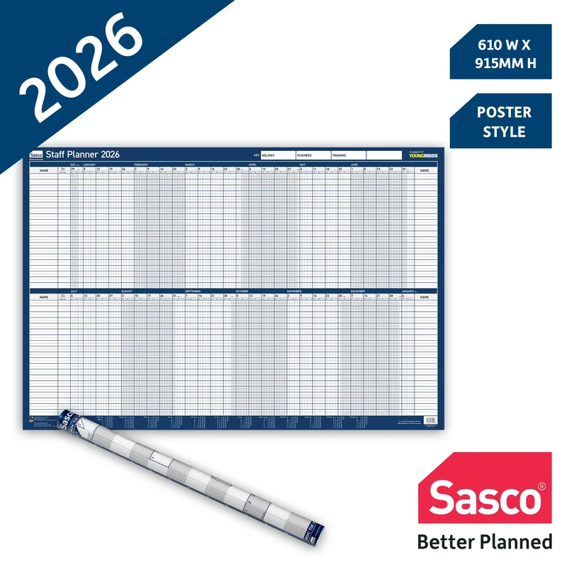 Sasco 2026 Staff Year Wall Planner – Poster Style Calendar with Wet Wipe Pen & Stickers, 91.5x61cm, Blue – Track Staff Availability – Practical for Workforce Planning