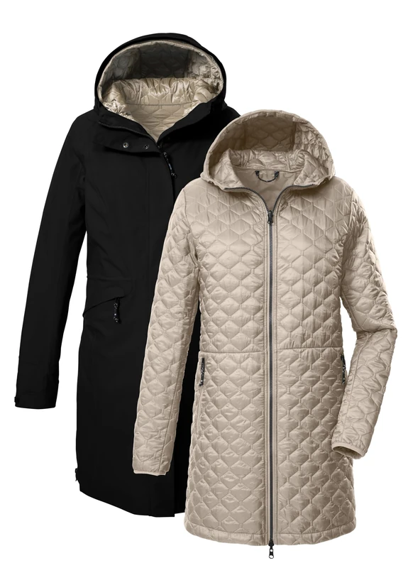 killtec KOW 22 WMN JCKT Women's 3-in-1 Functional Parka with Hood, Waterproof and with Zip-In Quilted Jacket, Black, 46, 43312-000