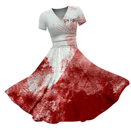 HUIFUAO Plus Size Sexy Halloween Costumes Woman 2025 Scary I'm Fine Bloody Dress Plus Size Halloween Dress V Neck Short Sleeve Evening Party Horror Festival Clothing Outfits (Red #5, XXL)